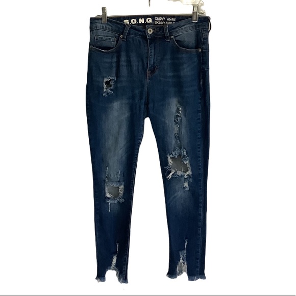 S.O.N.G. Curvy Skinny High Rise Raw Edge Distressed Ankle Blue Jeans 11/30.